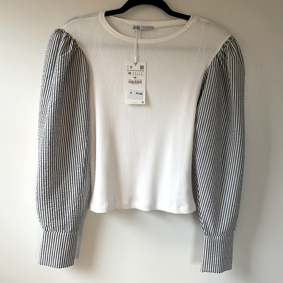Zara top NWT blue and white striped sleeves size M - Picture 2 of 7